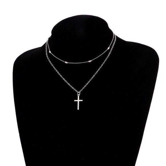 3/$35 Layered Cross Pendant Chain Necklace Choker Silver Tone Beads Jewelry - Picture 4 of 6